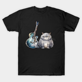 Funny Guitar Grumpy Cat Retro Cute Watercolor T-Shirt